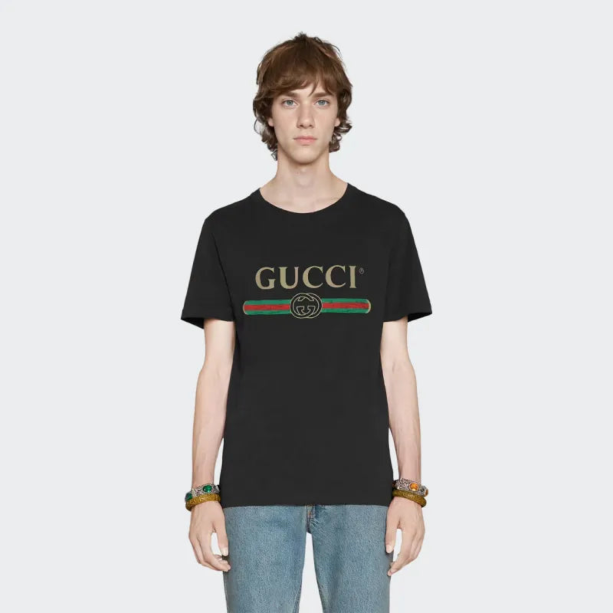 GUCCI MEN LOGO WASHED PRINT T-SHIRT BLACK