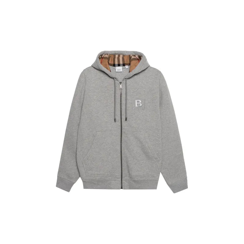 BURBERRY MEN LETTER GRAPHIC COTTON BLEND ZIP HOODIE PALE GREY MELANGE