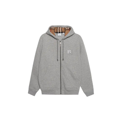 BURBERRY MEN LETTER GRAPHIC COTTON BLEND ZIP HOODIE PALE GREY MELANGE